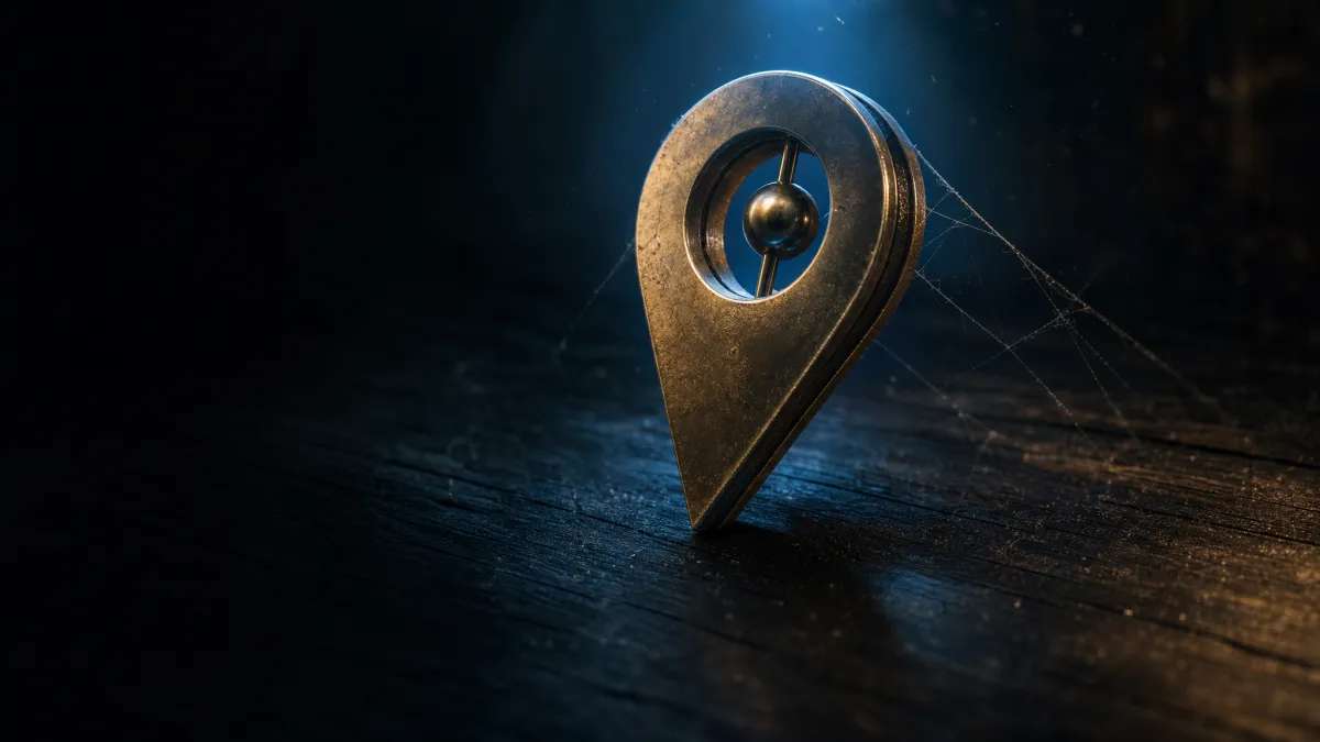 Brass sculptural location pin on weathered wood with cobweb and dust beam — a forgotten asset